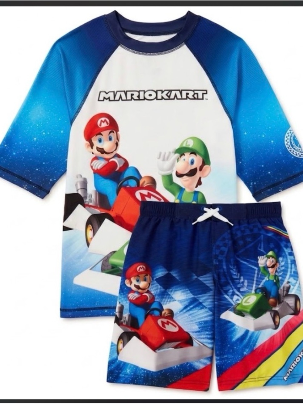 Nintendo Mario Kart Boys Blue and White Rash Guard Swim Set